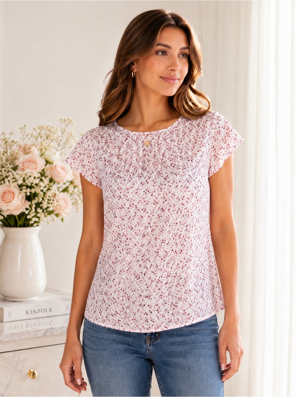 LC Lauren Conrad Pink Heart Print Pleated Blouse Top Romantic Chic NWT S